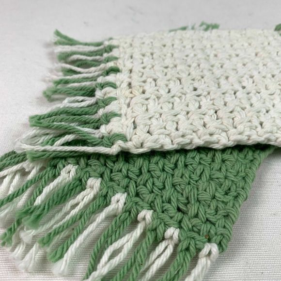 Mug Rugs Coasters Handmade Crochet Green White Fringe Set of 4 Home Decor - Picture 4 of 8